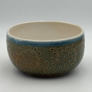 Studio Pottery Handcrafted Ceramic Bowl Earthy Green Blue Floral Heart A Mark